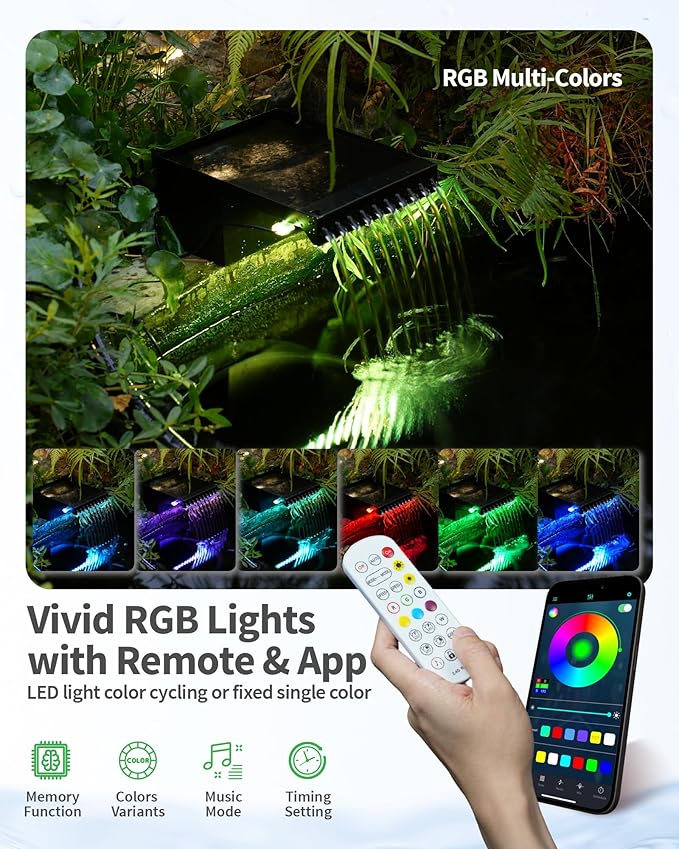 POPOSOAP 12Inch Pond Waterfall Spillway with RGB LED Lights & APP/Remote Control, 660GPH 40W Pond Spillway with 304 Stainless Steel & 9.8FT Tube for Ponds Garden Landscape Water Features-P43DS