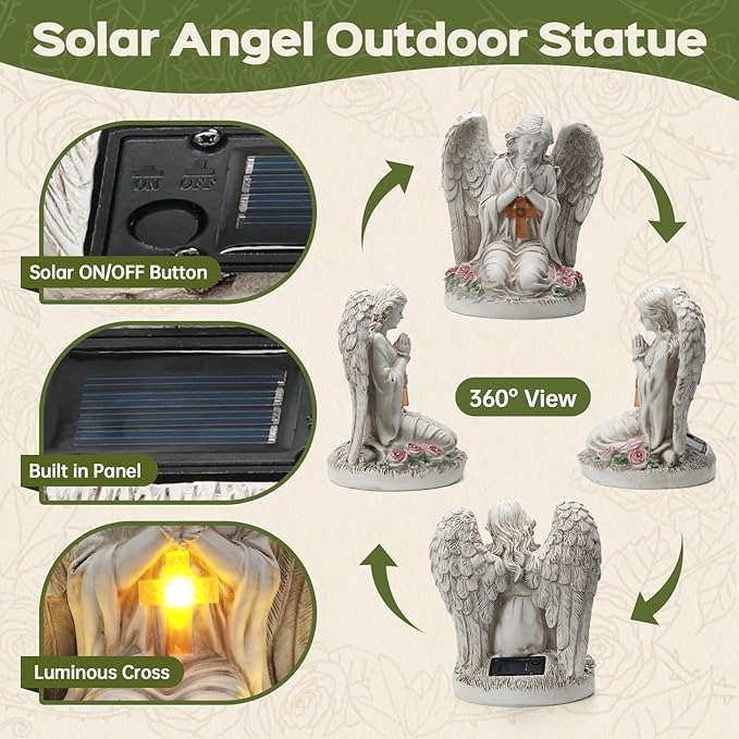 Solar Angel Garden Statue Outdoor Decor Cemetery Decorations for Grave Praying Angel Figurines with LED Light for Outdoor Lawn Yard Patio Decor Memorial Gifts for Women, Mom, Grandma