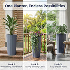 23.6" H Tall Planters for Outdoor Plants, 2 Pack Large Outdoor Planters for Porch Decor with Automatic Drainage Hole, Plastic Stripe Design Flower Pots Fits Indoor Plants Patio Garden, Black