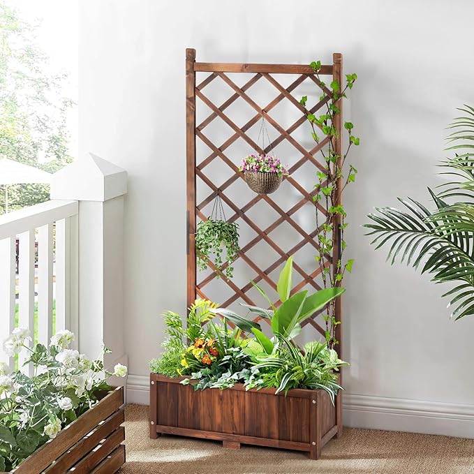 Outvita Wood Planter with Trellis, 29" x 17" x 67" Outdoor Raised Garden Bed with Drainage Holes, Vertical Standing Planter Box for Climbing Plants Vegetable in Garden, Patio, Balcony (Brown)