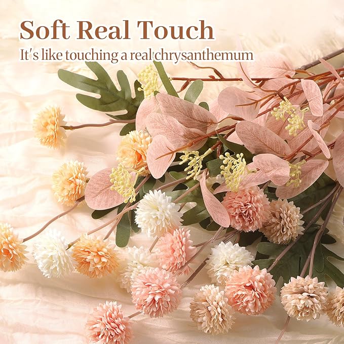 Alupssuc 16PCS Faux Silk Pompon Mums Artificial Flowers with Eucalyptus, Fake Chrysanthemum Floral for DIY Vase Arrangement, Long Stem Dining Table Centerpiece Home Decor, Mix 4 Colors
