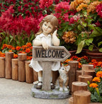 Girl Garden Statue with Solar LED Lights, Solar Girl Welcome Sign with Cat Garden Statue for Outdoor Decor, Porch, Patio, Yard Art Decorations, Polyresin 17.3 inch
