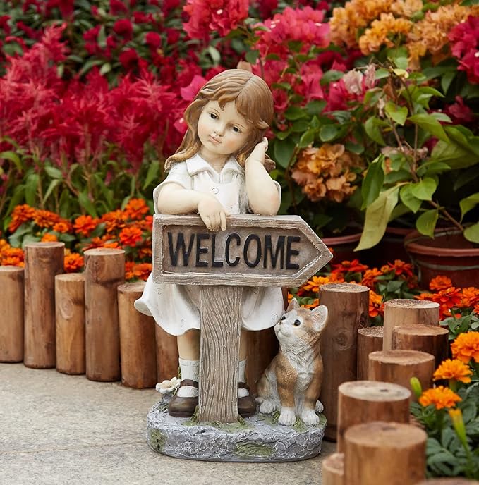 Girl Garden Statue with Solar LED Lights, Solar Girl Welcome Sign with Cat Garden Statue for Outdoor Decor, Porch, Patio, Yard Art Decorations, Polyresin 17.3 inch