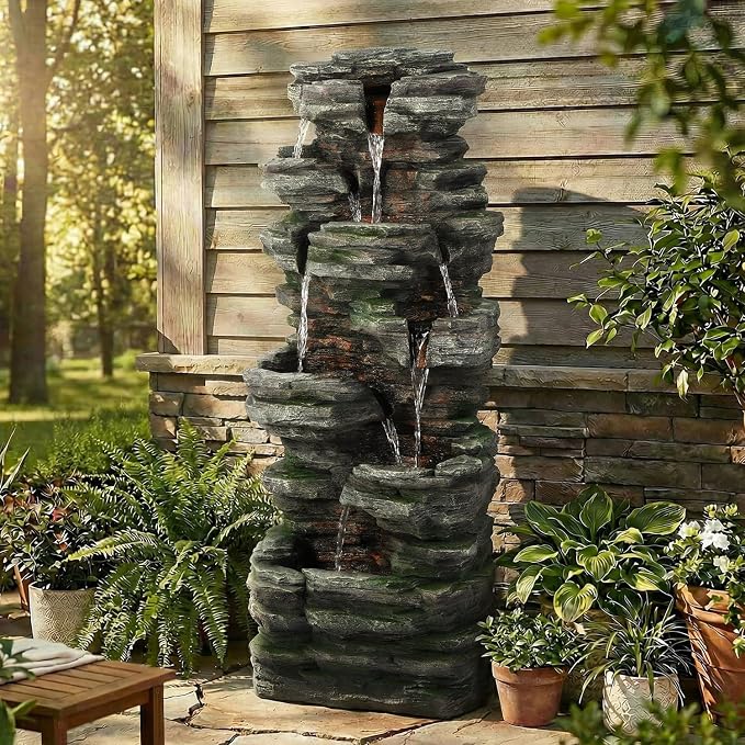 46" H Outdoor Water Fountain, 7-Tiers Cascading Rock Waterfall Fountain with 6 Warm LED Lights, Large Water Feature for Outdoor Indoor, Garden Water Fountain for Patio, Yark, Deck, Porch, Home Decor