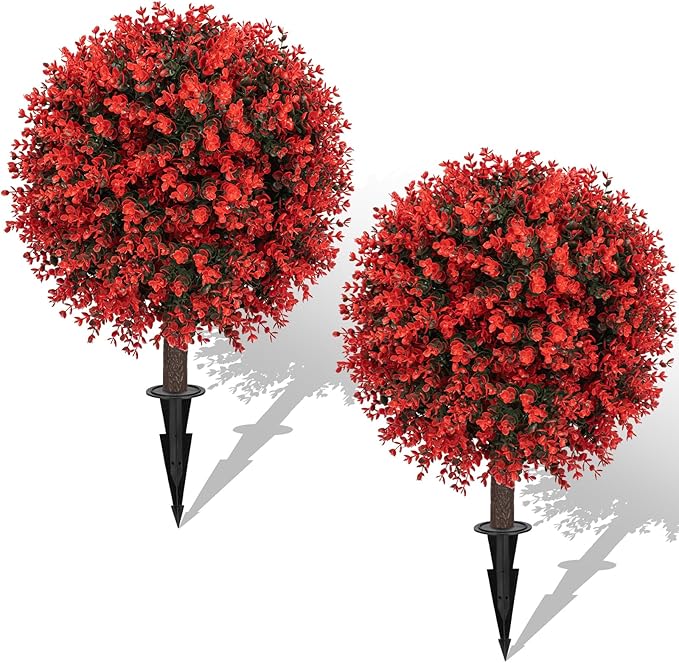AOKIIE Set of 2 Artificial Red Boxwood Topiary Ball Tree for Outdoor with Ground Spike, 22" UV Resistant Faux Greenery Shrubs, Fake Plants for Garden Yard Porch Patio(Red)