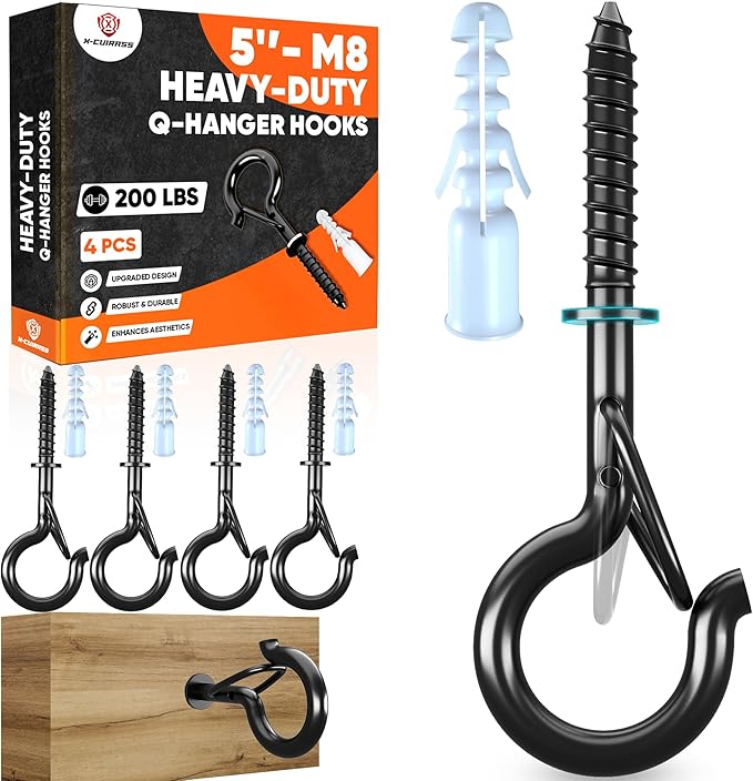 [HIGH-WORKLOAD] 200Lbs 4 Pcs Q-Hanger Hooks M8 with Washer & Safety Buckle, Heavy Duty 5’’ Windproof Screw Hooks for Hanging Plants, Yoga, Lights, Indoor & Outdoor Uses-Expansion Tubes, Screwdriver