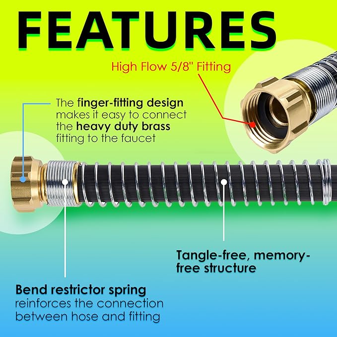 5/8 IN. × 25FT. Heavy Duty Rubber Garden Hose, High Flow 5/8" I.D. Brass Fitting No Memory Durable Heavy Duty Water Hose for Watering, Irrigation, Water Transfer Pump