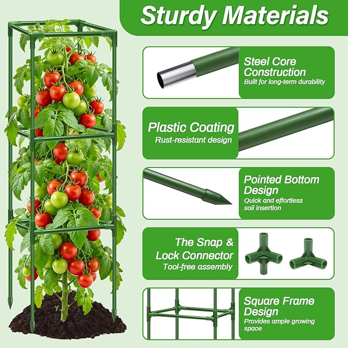 4 Pack Square Tomato Cages for Garden, 45 Inch Adjustable Tomato Stakes, Metal Tomato Trellis, Garden Plant Support for Potted Climbing Plants, Vegetables Flowers Fruits, Raised Garden Bed
