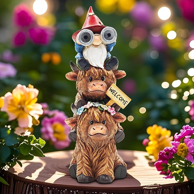 Garden Gnomes Outdoor Statue: 11'' Highland Cow Decor with Welcome Sign Funny Triple Yard Decorations with Solar Light Unique Birthday Gifts for Women Mother Grandma
