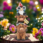 Garden Gnomes Outdoor Statue: 11'' Highland Cow Decor with Welcome Sign Funny Triple Yard Decorations with Solar Light Unique Birthday Gifts for Women Mother Grandma