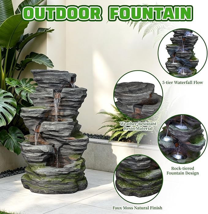 Solarbloom Water Fountain Outdoor/Indoor, 5-Tier Spiral Cascading Stacked Waterfall Fountain, Freestanding Resin Water Feature for Patio, Garden, Backyard, Deck