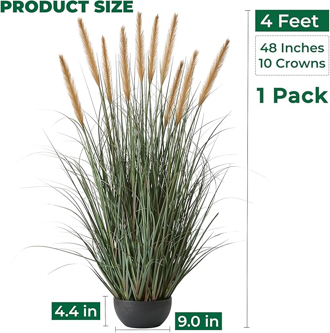 FloraFairy 4ft Onion Grass, Artificial Plant and Greenery, 48in Faux Horsetail Reed Grass with 10 Feathery Flower Heads, Potted Fake Floor Plants for Indoor Outdoor, House Decorative