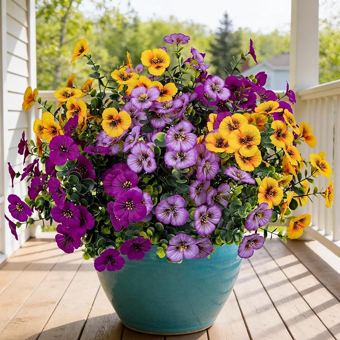 17 Inch Artificial Faux Pansy Flowers for Outdoor,Fake Pansies Flowers with Eucalyptus Leaves Fake Plants Greenery Boxwood Porch Patio Decor 6 Bundles(Pink Purple,Dark Yellow,Magenta)