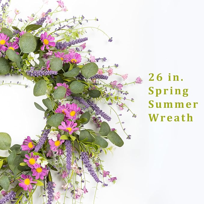 26" Spring Summer Wreaths for Front Door, Artificial Green Eucalyptus Lavender Purple Daisies Wildflower Berries Handmade Floral Year Round Indoor Outdoor Porch Home Decor