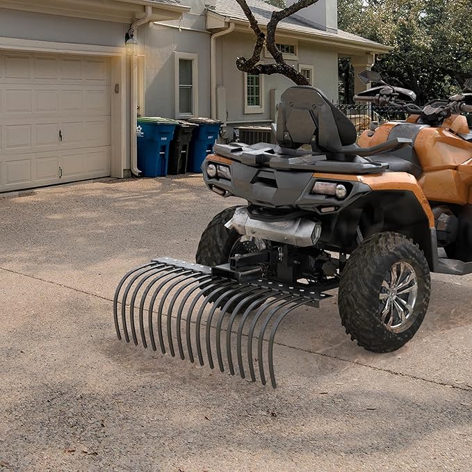 YITAMOTOR 48" Tow Behind Landscape Rake, 2" Receiver Lown Dethatcher Rack with 17 Steel Tines for ATV/UTV & 3-Point Hitch Systems Tractor, for Leaves, Debris, Grass, Pine Needles