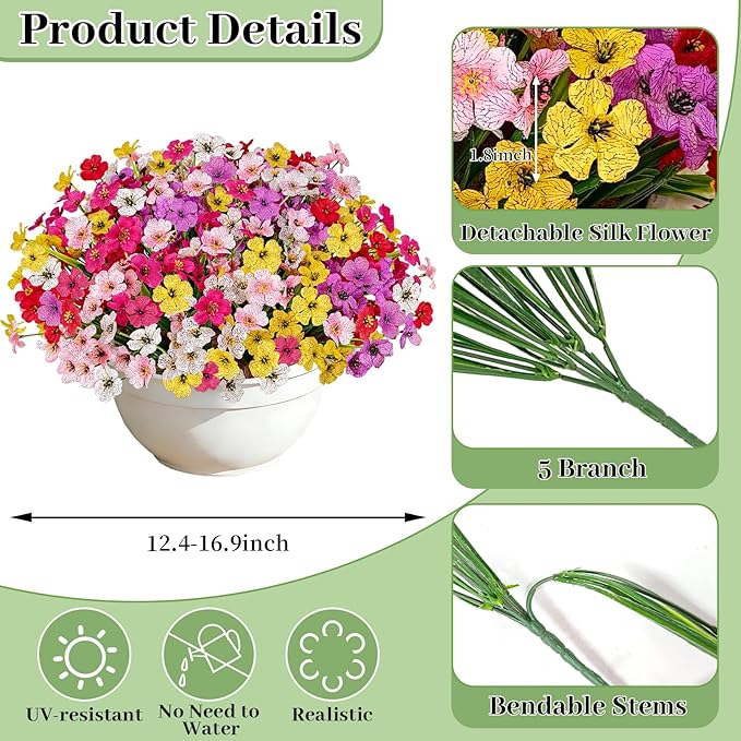 Uieke Artificial Flowers for Outdoors, 72 Bundles UV Resistant Faux Flowers No Fade Fake Plastic Plants for Outside Indoor Home Garden Porch Wedding Spring Summer Decor(Mix Color)