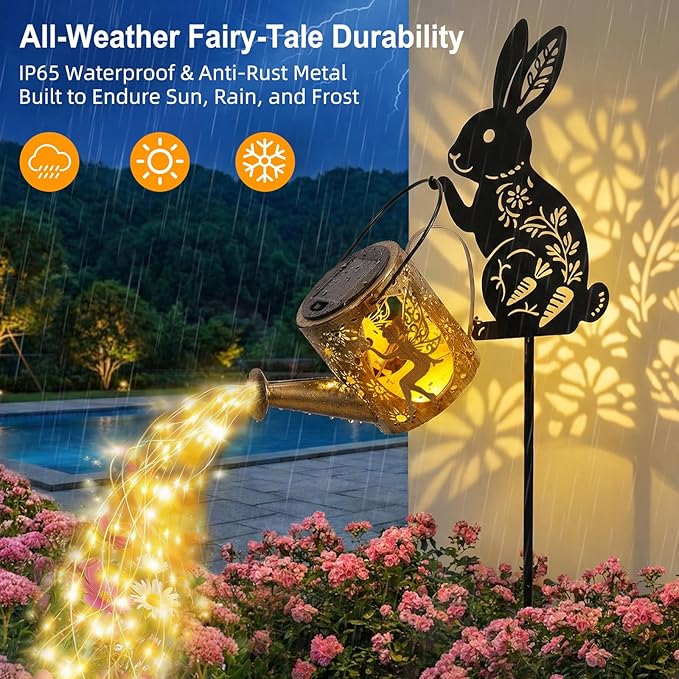 Solar Watering_Can Light with Bunny Silhouette Stake & Fairy Design - Cascading LED String Light for Garden Yard Patio Decor, IP65 Waterproof Outdoor Gift for Mom, Women, Birthday, Housewarming
