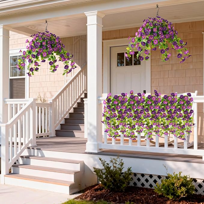 Homsunny Artificial Hanging Fake Flowers with Basket Plants for Outdoor Decoration, Faux Silk Flower UV Resistant Morning Glory for Home Porch Patio Garden Balcony Yard Look Real (Purple)