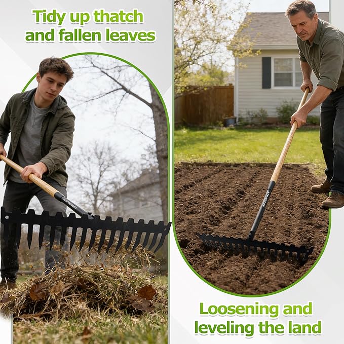 Garden Rake,60" Wooden Handle with 17-Tine Metal Bow Rake,Rock Rake Heavy Duty for Loosening Soil,Leveling Gravel,Clearing Fallen Leaves,Removing Sod and Landscaping