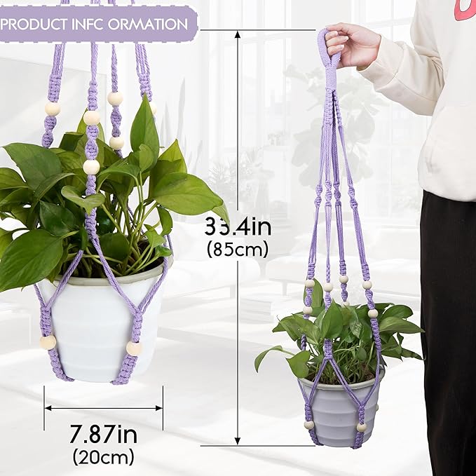 2 Pack Purple Macrame Plant Hangers, 35-Inch Cotton Rope Hanging Planters with Wooden Beads, Handmade Woven Plant Holders for Boho Modern Home Decor, Indoor & Outdoor Use