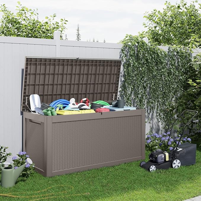 PatioZen 320 Gallon Resin Deck Box, Lockable Patio Outdoor Storage Box for Furniture, Garden Tools and Tools Storage, Waterproof Outside Storage Boxes - Grey
