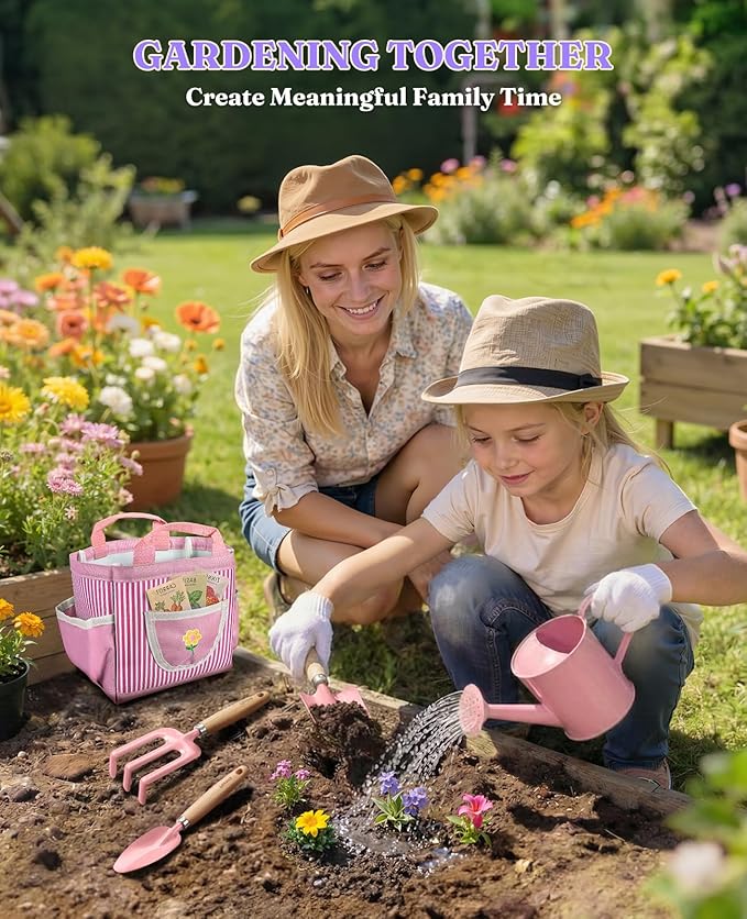 8Pcs Kids Gardening Set with Metal Basket & Real Metal Tools, STEM Outdoor Exploration Kit, Ergonomic Wooden Handles, 3 Shovels, Rake, Watering Can, Gloves, Tote Bag, Toy Gift for Toddler Boys Girls