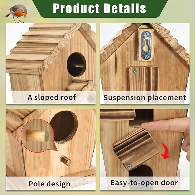 Bird Houses for Outside, Wooden Outdoor 2 Hole Bird House, Can Accommodate 2 Bird Families Suitable for Bluebird,Finch,Cardinals, Garden Hanging Birdhouse No Assembly Required