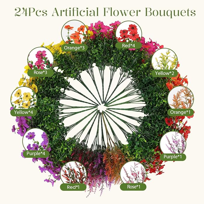 SHareconn 24 Bundles Artificial Flowers for Outdoors Decoration, Faux Plants Fake Silk Colorful Daisy Eucalyptus Lavender, UV Resistant for Outside Home Indoor Spring Decor, RedRosyPurpleYellowOrange