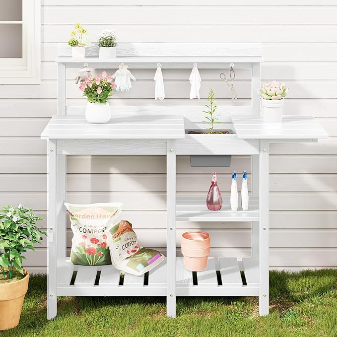SERWALL Outdoor Potting Bench with Removeable Sink,Rot-Resistant HDPE Potting Table for Outside Gardening, All Weather Use - White