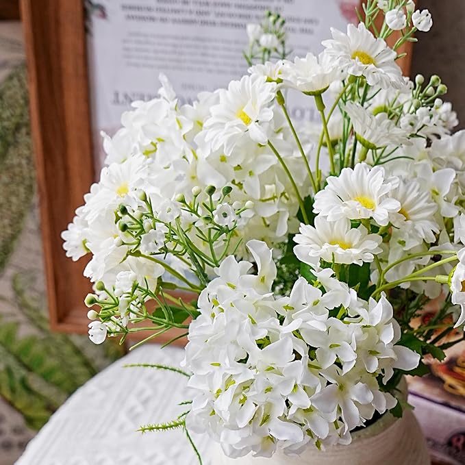 Jahe Hydrangea Artificial Flowers Mixed Potted Plant, Faux Hydrangea Flowers Fenterpieces for Tables, Fake Daisy Mixed Bouquet with Pot, Living Room Bedroom Bathroom Balcony, White