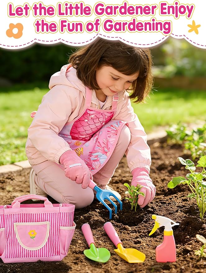 Kids Gardening Tool Set - Garden Tools for Kids with Shovel Trowel Rake Apron Gloves Watering Can and Tote Bag, Outdoor Toys Great Gifts for 3 4 5 6 7 8+ Years Old Girls (Downward Mermaid Tail)