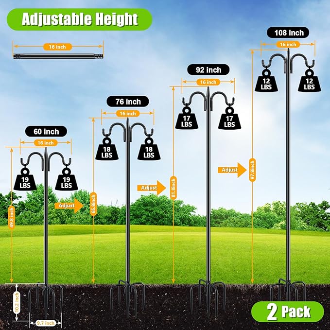 Gtongoko Double Shepherds Hook for Outdoor, 2 Pack 77 Inch Heavy Duty Bird Feeder Pole 3/4 Inch Thick Garden Hooks for Hanging Hummingbird Feeder, Plant Baskets, Solar Light Lanterns