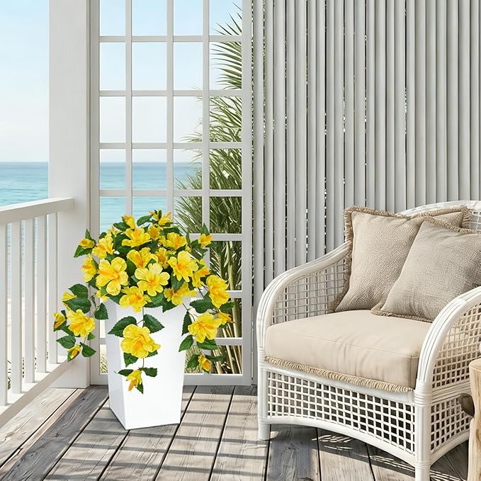 Briful 27.5" Artificial Hibiscus Plant in Tall White Planter, Large Faux Tropical Flower Arrangement for Front Door Porch Patio Balcony Outdoor Indoor Decor, UV Resistant Fake Yellow Hibiscus Tree