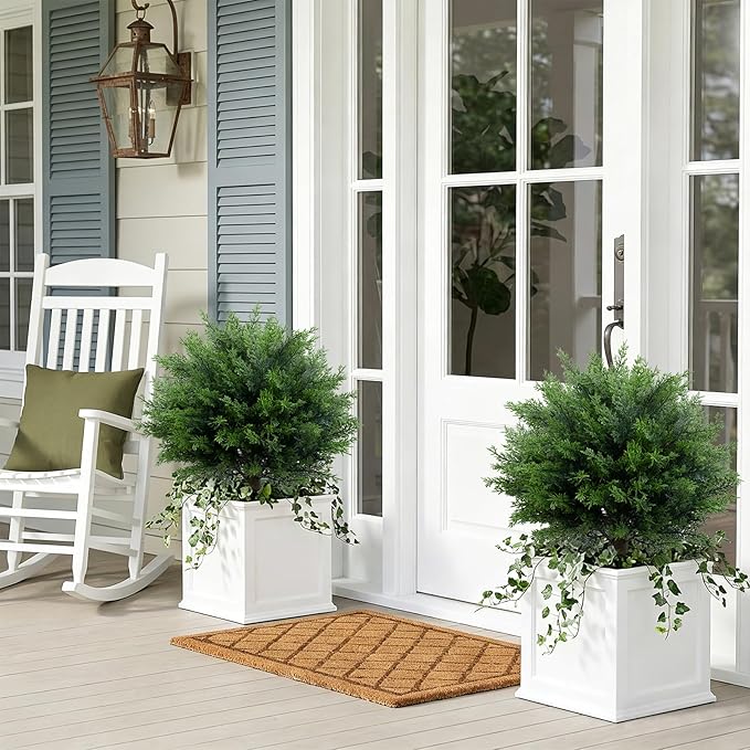 27.6 Inch Artificial Cedar Topiary Ball Trees, Set of 2 UV Resistant Fake Evergreen Trees Shrubs Bushes Artificial Plants with Ground Spike Faux Cypress Plants for Outdoor Front Porch Garden Decor