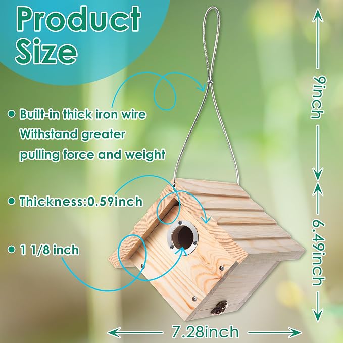 Dreyoo 2 Pack Wren House, 1-1/8'' Entrance Hole Hanging Wooden Wren Bird Houses for Outside with Metal Guard, Air Vents, Pine Wood for Chickadees (Wood Color)