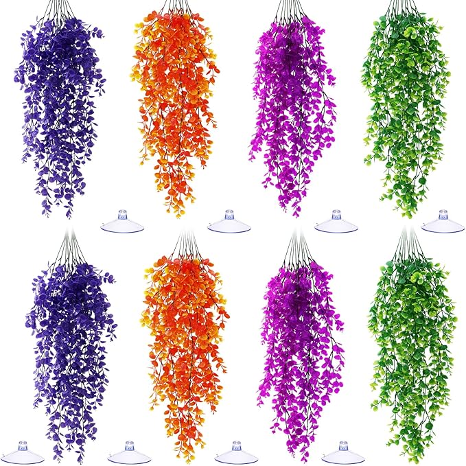 Suncalla Reptile Plants Terrarium Hanging Plants Vines Boston Climbing Terrarium Plant with Suction Cup for Bearded Dragons Lizards Crested Gecko Snake Crab Tank(Multicolor Series,4 Colors)