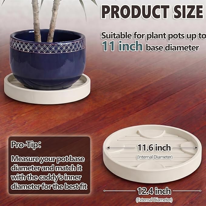 12Inch Plant Caddy with Hidden Wheels, Rolling Plants Stand with Wheel, 4 Invisible Casters, Indoor Plant Saucers on Wheels, Heavy Duty Wheeled Plant Dolly, Planter Roller Base, Beige, 2Pack