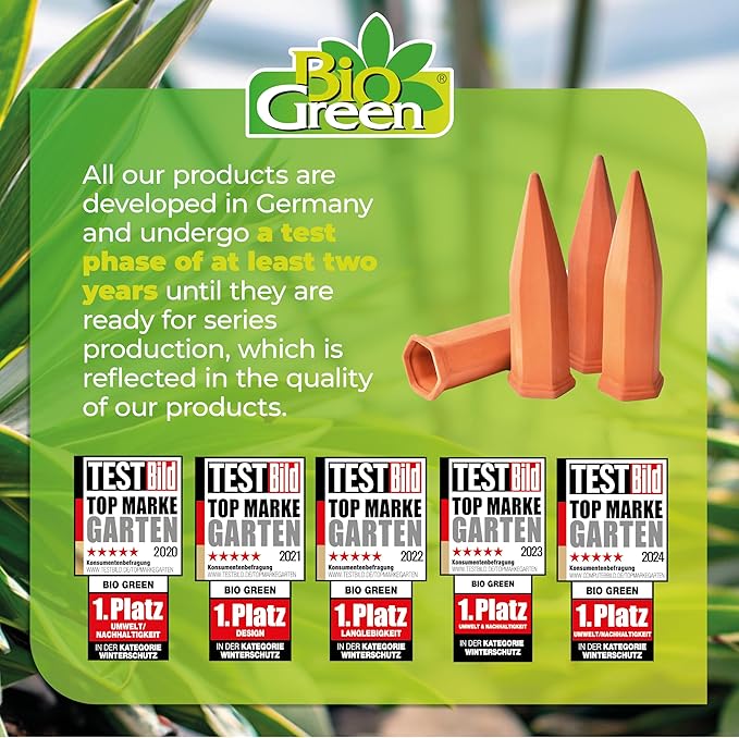 BioGreen Plant Self-Watering Stakes Hydro Wine | Irrigation Ø 19.6 inches | Clay Spikes for Wine-/PET-Bottles up to 3.1 Cups | Terracotta | 4 Pcs