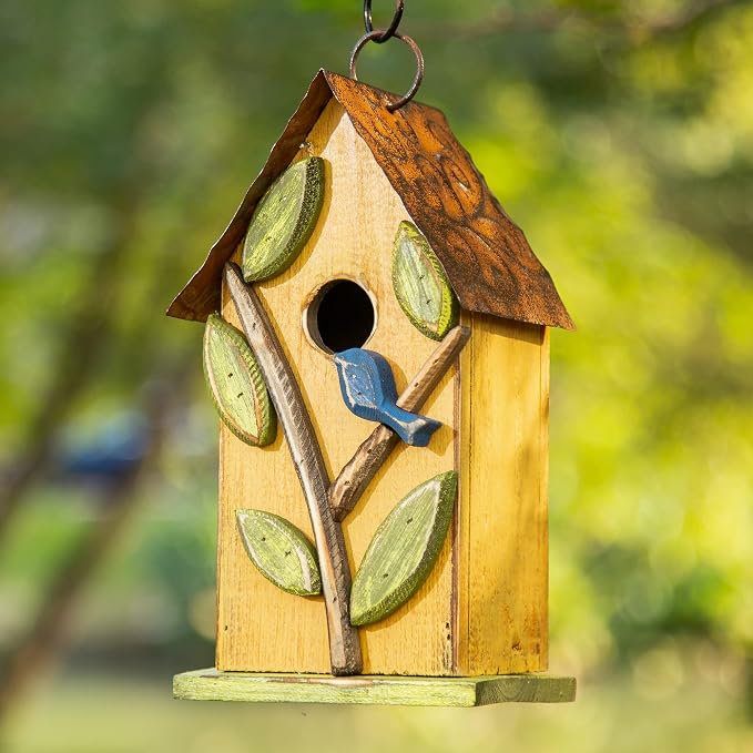 Glitzhome Birdhouse for Outdoor Hanging, 9.7" H Patio Garden Pet Cottage Distressed Decorative Birdhouse Wooden Bird House for Bluebird Wren Sparrow Finch Cardinal, Leaves Rustic Yellow