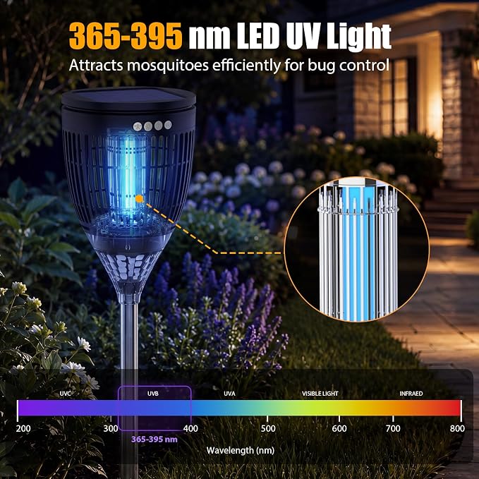 Rossetta Solar Bug Zapper Outdoor, Mosquito Zapper with Flame Lamp & Projector Light, 4200V Electric Fly Zapper Waterproof Rechargeable Mosquito Killer, Cordless Fly Trap for Patio, Backyard, Garden