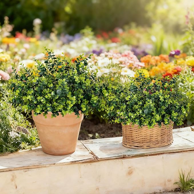 17 Inch Artificial Plants Outdoor Faux Shrubs Eucalyptus Boxwood Grass UV Resistant Fake Plant Greenery Decor for Indoor Window Garden Patio Pathway Front Porch Home Decor（6 Bundles,Green）