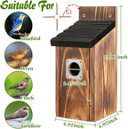Dreyoo 2 Pack Bluebird Box Houses for Outside,1-1/2'' Entrance Hole Wooden Bird Houses with Metal Guard, Secure Latch,Fledgling Grooves,Air Vents for Bluebird Wren Swallow (Black Roof,Burnt Wood Body)