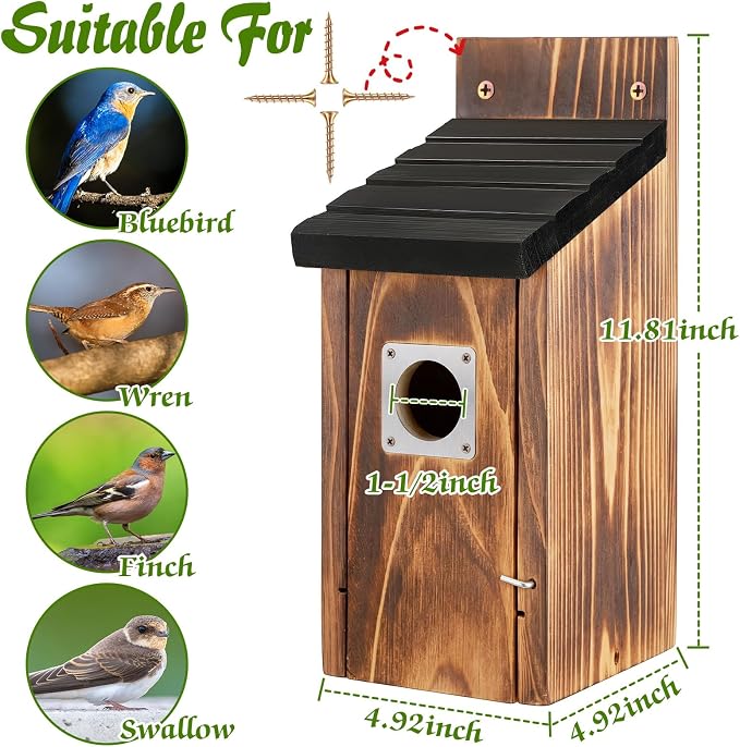 Dreyoo 2 Pack Bluebird Box Houses for Outside,1-1/2'' Entrance Hole Wooden Bird Houses with Metal Guard, Secure Latch,Fledgling Grooves,Air Vents for Bluebird Wren Swallow (Black Roof,Burnt Wood Body)