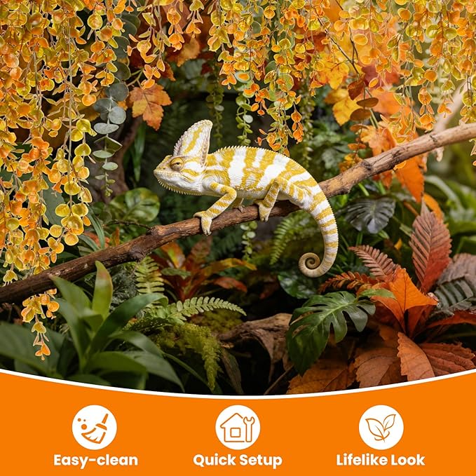 RAINFLOW 3 PCS Fake Hanging Ferns - Fake Eucalyptus Vines for Bearded Dragon Snake Geckos Hermit Crab Lizard Chameleon Reptile Decor(Orange)