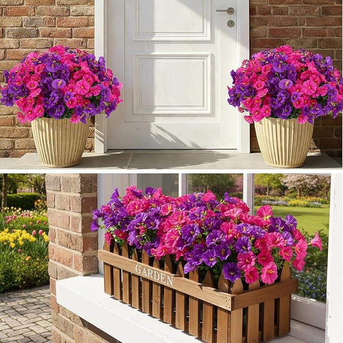 CEWOR 24 Bundles Artificial Flowers for Outdoor Indoor, Fake Silk Morning Glory with Eucalyptus Leaves, Faux Flower for Garden Front Door Porch Planter Patio Home Decor (Purple Fuchsia)