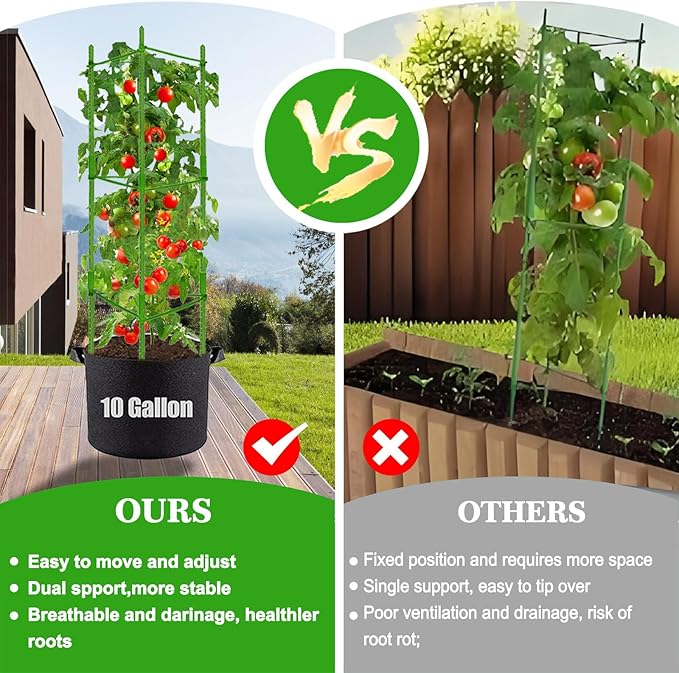 Tomato Cages with 10 Gallon Grow Bags, 48 Inches Garden Tomato Planter, 3-Pack Tomato Trellis for Raised Garden Bed, Tomato Cage Pots Plant Support Stakes Trellis for Climbing Plants Vegetable Flowers
