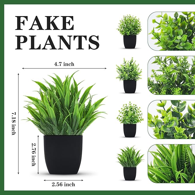 Der Rose 4 Packs Fake Plants Small Artificial Mini Faux Plants for Bathroom Home Office Shelf Black Decor Indoor