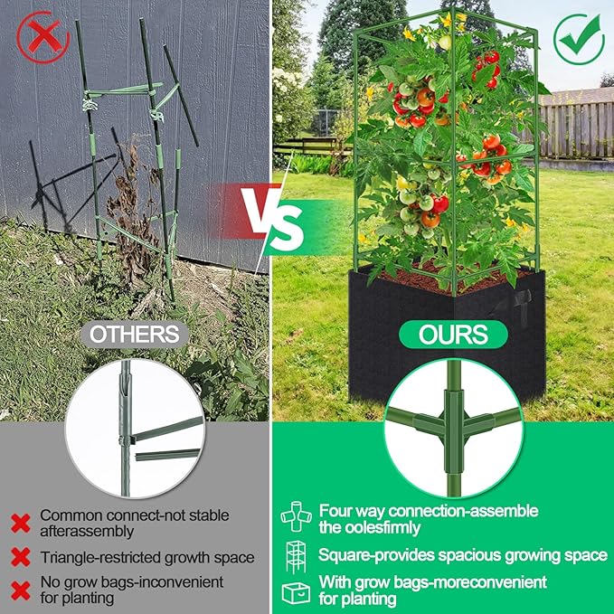 WLLEYAY 3 Pack Square Tomato Cages with 17 Gallon Grow Bags, 46'' Upgraded Heavy Duty Steel Garden Plant Support Stakes Kit, Flowers Vegetable Trellis for Vertical Climbing Plants Vines