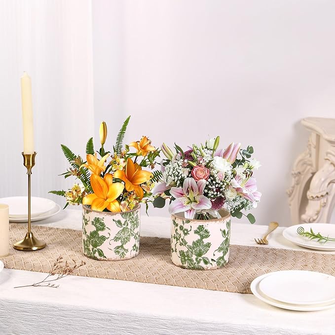 Set of 2 Vintage Ceramic Planters with Drainage Hole, Indoor Flower Pots for Outdoor Garden, Plant Vases, Green Tuscan Planter Set for Home, Gardening, Christmas Decor