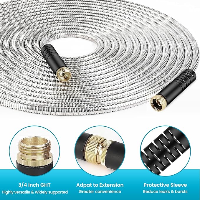 LINODI Metal Garden Hose, 50ft Stainless Steel Garden Hose – 3/4" GHT Solid Brass Connectors – Heavy Duty Flexible Metal Water Hose with 10-Way Spray Nozzle – Kink-Free Watering Kit